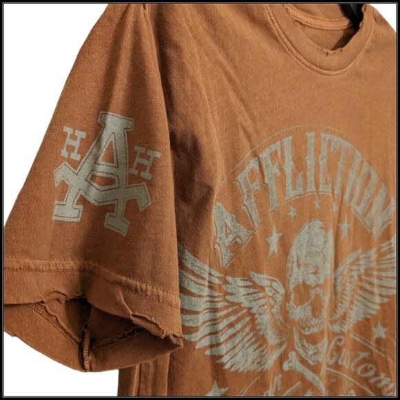 AFFLICTION American Customs Hell on Wheels Winged Skull T-Shirt Orange Men's S - Picture 3 of 7